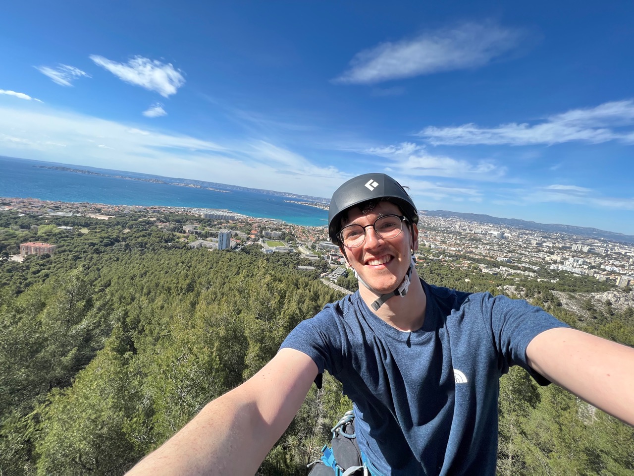 A view from the top of a great route, Vent de Panique, over Marseille.