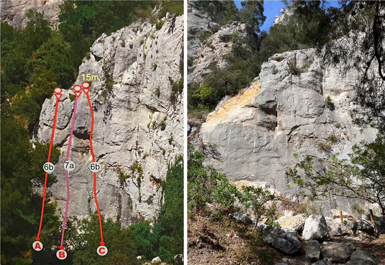 The guidebook's topo of Dalle Du Chat, alongside the current state of this area.